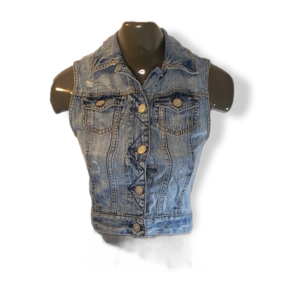 Aeropostale Women's Blue Sleeveless Collard Button Down Jeans Vest - Size XS/TP.